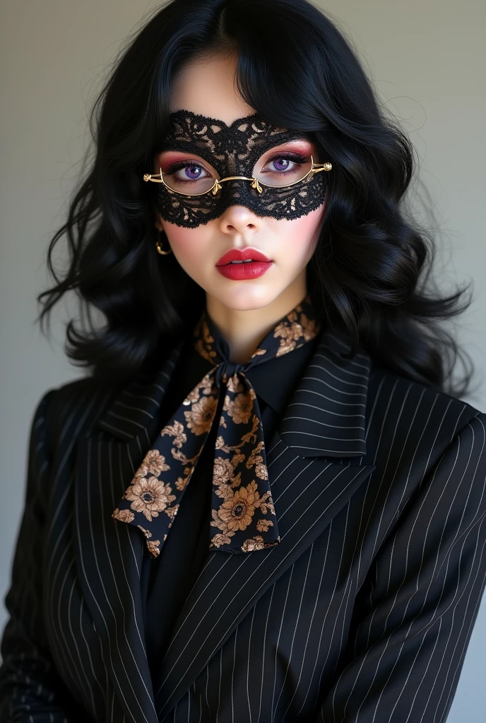 With long, curly black hair、Heavy makeup and purple eyeshadow、Around her neck she wears a ribbon-shaped satin black and gold patterned scarf.、Wearing gold-rimmed glasses、Wearing long gloves made of black floral lace、A Japanese woman in her 40s wearing a black striped suit、Wearing a lacy black face mask