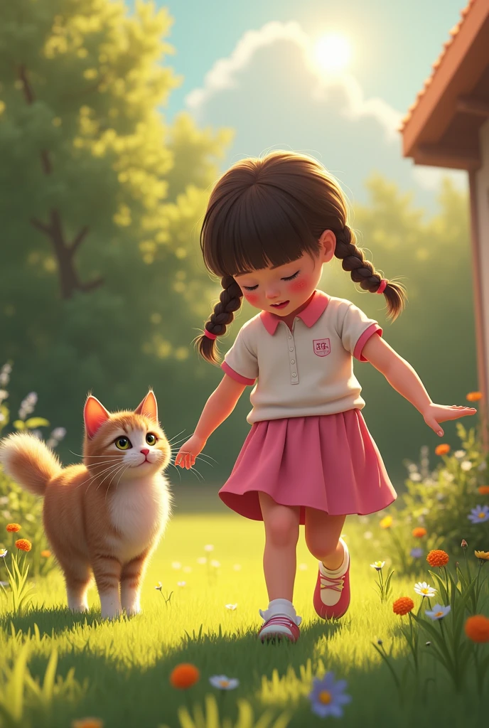 Size 1242x2688 pixels，A double braided，Wearing a pink polo skirt，Chasing and playing with Ragdoll cat in the garden，Composition vision，The sun shines on the colorful picture，Second dimension animation，Monet oil painting style，Ultra high definition 4k8k detailed webp 