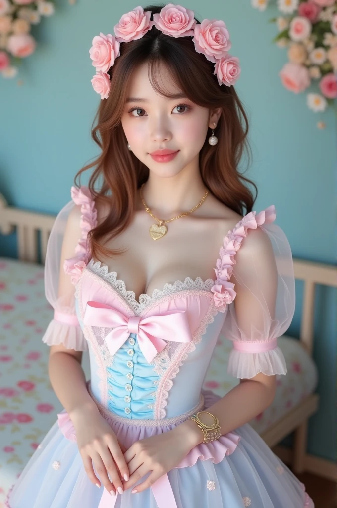 (Highest quality、masterpiece、8k、Best image quality、Hyperrealism、Award-winning works)、25-year-old cute beautiful girl、(alone:1.1)、(1 photo:1.1)、(cute, Girlish, A sheer ta dress in light pink and light blue:1.2)、(Cute Girlish big ribbon:1.1)、(Cute and luxurious hair accessories:1.1)、(The perfect Loliress with attention to detail:1.2)、(A cute dress with frills and ribbons:1.1)、(cute lolita d with lace decorations:1.1)、(Cute Girlish lolita wavy :1.1)、(Low length:1.1)、(height: 140cm:1.1)、(Very large breasts:1.5)、(Glamorous Body:1.5)、(Big cleavage:1.5)、(Pink Roses:1.1)、(cute heart symbol:1.1)、Cute Lots of frills、(Big cute ribbon:1.1)、Accentuate your body lines、Slender body、Standing Elegantly、(Pastel color Girlish and luxurious lolita room backnd:1.1)、(A fairytale lolita room with atton to detail:1.1)、(cute light blue decorative wall:1.2)、(cute room with a Girlish atmosphere in pastel colors:1.1)、(cute room with very bright and shiny pastel colors:1.4)、(A very bright and shiny room:1.2)、(Full of pastel colors:1.2)、(very bright and vivid:1.4)、(cute pastel color wall decoration:1.2)、Blurred Background、Standing Elegantly Girl、Accurate anatomy、Perfect Makeup、Long eyelashes、Glossy Lips、Ultra HD glossy skin、(Ultra-high definition, bright and beautiful skin:1.2)、(Super bright and radiant skin:1.2)、Ultra-high definition glossy lips、Ultra-high definition beautiful teeth、Light brown and blonde hair、Light brown eyes