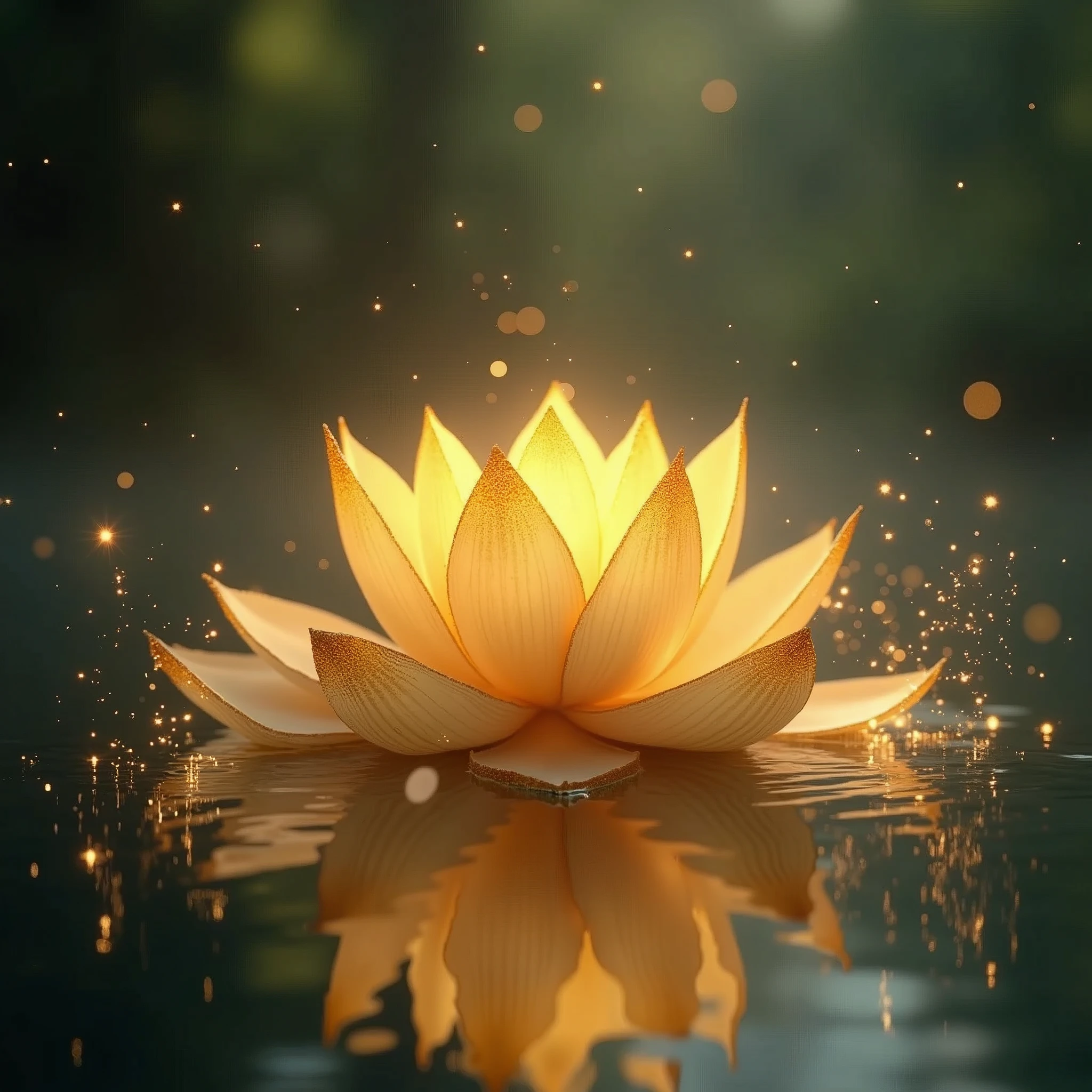 golden lotus on the water are open and closing its petals while sparkle are flowing around, fantasy image