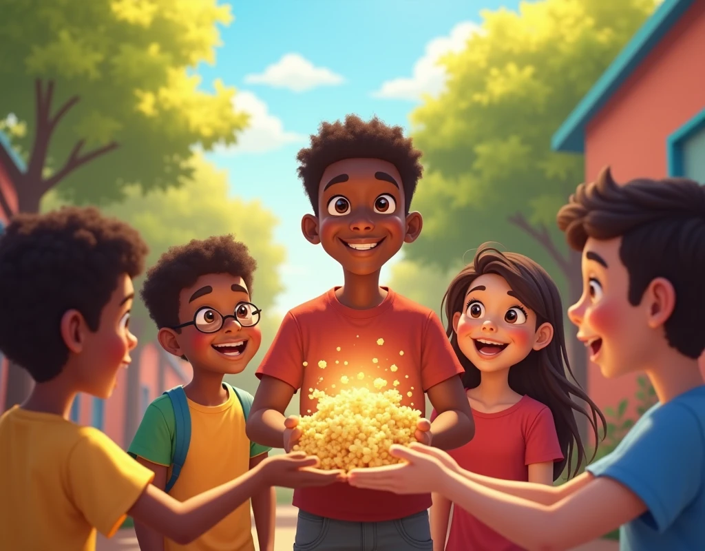 Create an animated image of a young dark-skinned boy giving scholarships to other children

