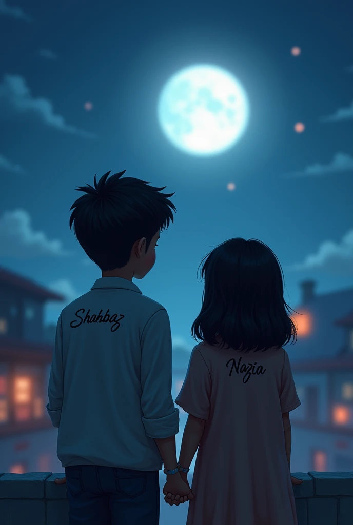 A boy with his name Shahbaz written on his back and a girl with her name Nazia written on her back, talking about love in the moonlight at night on the roof of the house Both their faces should be towards the moon and on their backs, Nazia should be written on the girl's back and Shahbaz should be written on the boy's back 