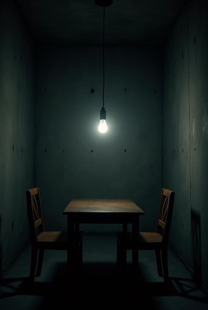 "Fade in. The camera moves slowly into a dark, dimly lit room. A single 100-watt bulb hangs from the ceiling, swaying gently. The light casts harsh shadows, illuminating a simple wooden table directly beneath it. The room is cold and bare, with concrete walls that echo every sound. On the right side of the table, a single chair stands, while on the left, there are two chairs. The light swings gently, causing flickering shadows on the walls and across the table."