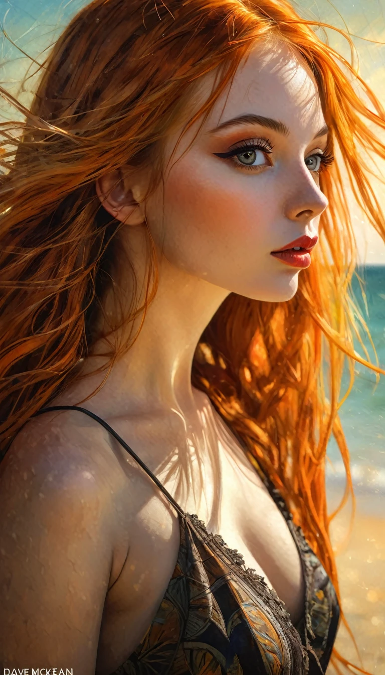girl with long orange hair, very y, on the beach, sun, tropical beach,ero sexy,(bestality, 4k, 8k, high resolution, masterpiece: 1.2), ultra-detailed, (realistic, photorealistic, photorealistic: 1.37), details intricate, vivid colors, sharp focus, professional, Dave McKean artwork, surrealism oil touch, oil painting style, portrait, woman, beautiful detailed eyes, beautiful detailed lips, dreamy atmosphere, shadow play, lighting soft, fun pose, dark tones, ethereal background, fantasy elements, texture, layered composition.