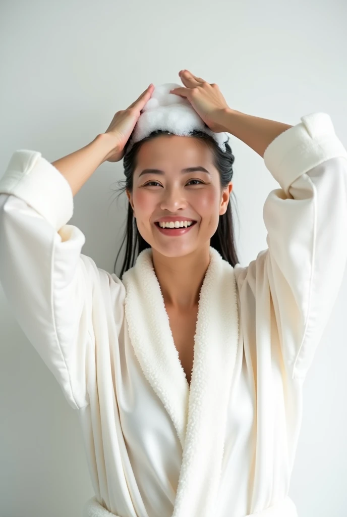 Create an Asian middle-aged beauty，Wearing a white satin bathrobe，Scratching the scalp with both hands，Two hands washing hair on top of head，There is a lot of foam on the head，Foam wrap head，Realistic foam，The expression is happy，Upper Body，The characters are realistic and realistic，Pure white background，Character front position，9:16 frames，Ultra-high-definition picture quality