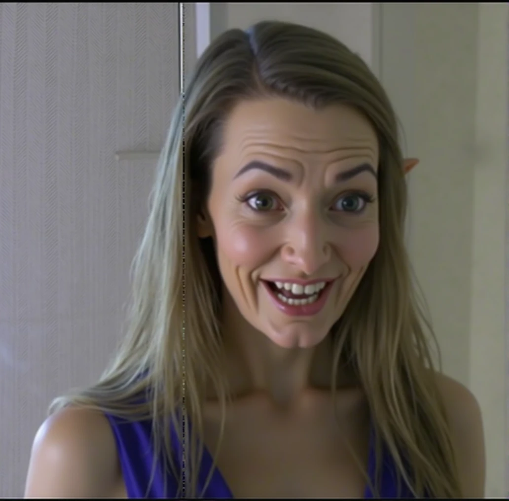 a detailed evil goblin with a big nose, long pointy goblin ears, big forehead, long hair tucked behind long pointy ears, raised eyebrows, perfect teeth, wearing a blue dress, evil laugh, cinematic lighting, hyper realistic, 8k hd resolution, highly detailed, photorealistic, masterpiece, very detailed goblin ears, big green eyes