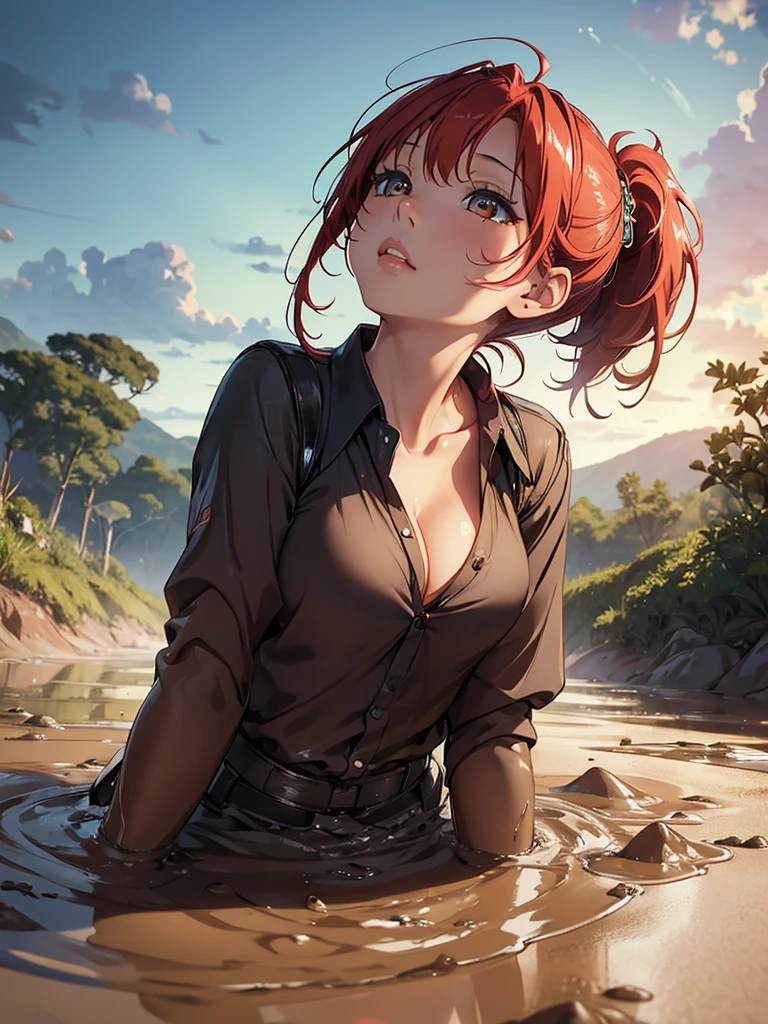 1girl, solo, masterpiece, best quality, high res, highly detailed, (illustration), beautiful detailed eyes, yuigahama yui, red hair ponytail, glossy lips, light makeup, orgasm, (looking up to the sky:1.5), intimate moment, school shirt, cleavage, (quicksand:1.4), (from side:0), bog, swampy