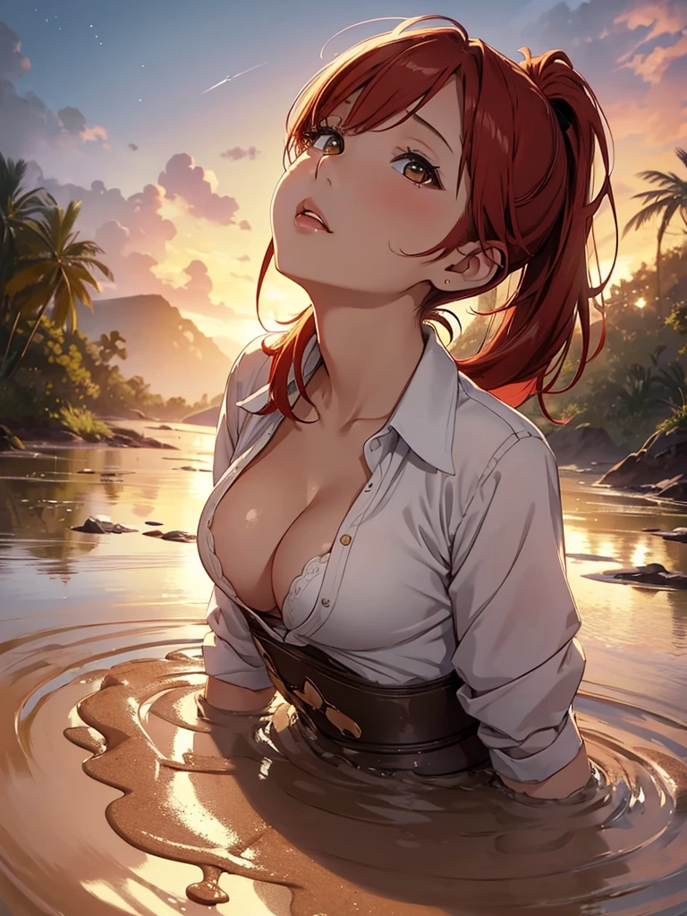 1girl, solo, masterpiece, best quality, high res, highly detailed, (illustration), beautiful detailed eyes, yuigahama yui, red hair ponytail, glossy lips, light makeup, orgasm, (looking up to the sky:1.5), intimate moment, school shirt, cleavage, (quicksand:1.4), (from side:0), bog, swampy