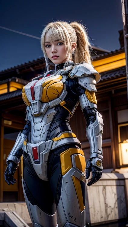 (top-quality:1.2, masterpiece), ultra high resolution, (Photorealsitic:1.4),, (bird-type mechanical heavy armor), (mechanical armor:1.3), bronze base with silver and red accent, 1 Japanese female soldier, extremely realistic face, (yellow hair), ((ultimately intricate all details)), (whole body picture), realistic shadow, octan render, 8K, ultrasharp, character edge light, Details of complex ornaments, Hydraulic cylinder, power cable, dystopia with a beautiful view at night, fighting pose