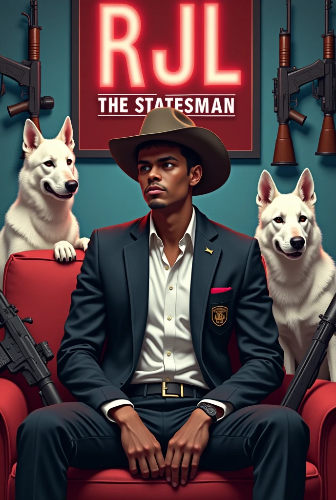 20 year old boy, brownish skin, sitting on the red couch, wearing black suites with white button shirt and black slatter, brownish black cowboy cap
Write RJL the Statesman on the wall above his cap in blue red color and also on his suits pocket, surrounded by all guns with 2white k9 dogs, light color of the room is red and blue