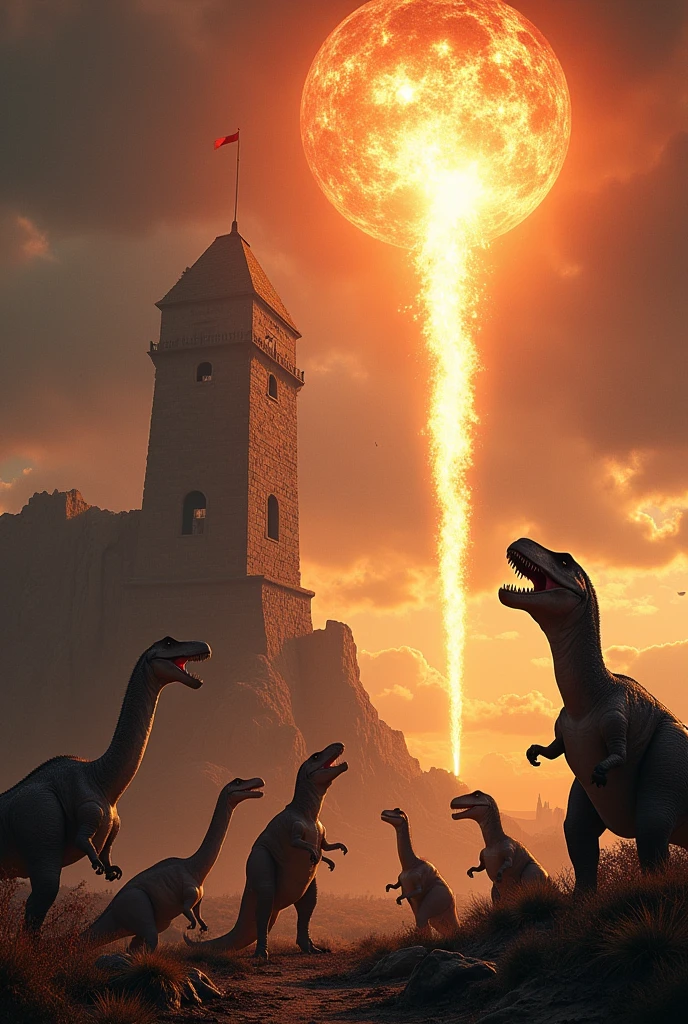 Create a meteor falling on the tower with dinosaurs