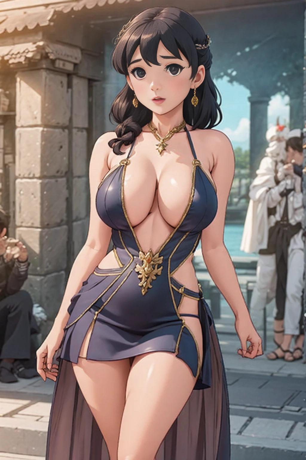 mature female, gigantic breasts, lips, naughty face, medieval city, cloud, motherly, thicc