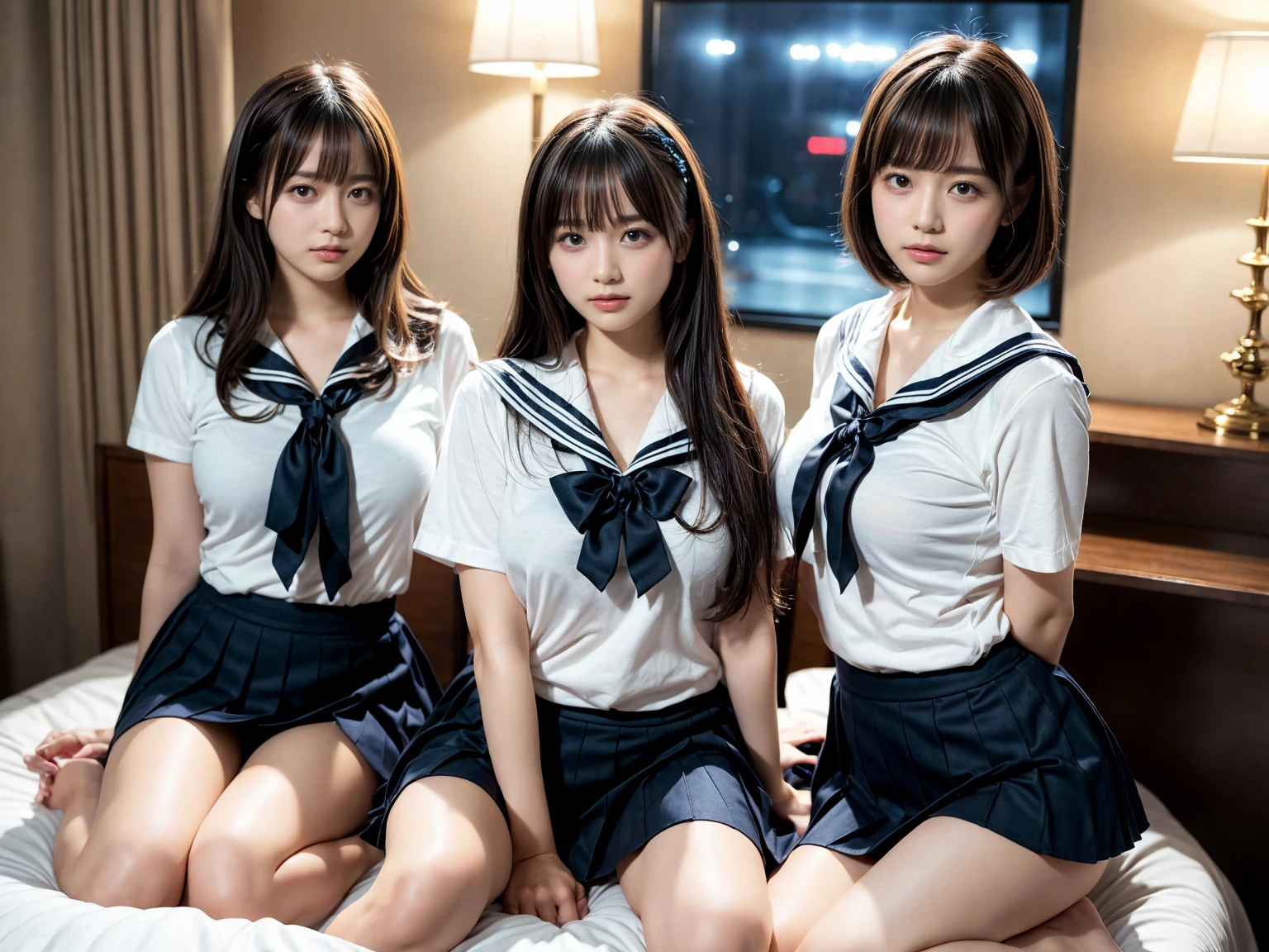masterpiece, best quality, illustration, Super detailed, fine details, High resolution, 8K,wall paper, perfect dynamic composition,(Details High quality, realistic depiction of eyes:1.3), (3 girls), Black Sailor Uniform, serafuku, Navy pleated skirt, sitting, open legs, short bob hair, in a hotel room in the background, deep on field, large breasts, black hair color, Big Natural Color Lip, (perfect body shape), crying a little、Harajuku style、20 year old girl、cute type、beautiful legs, Gravure Idol
