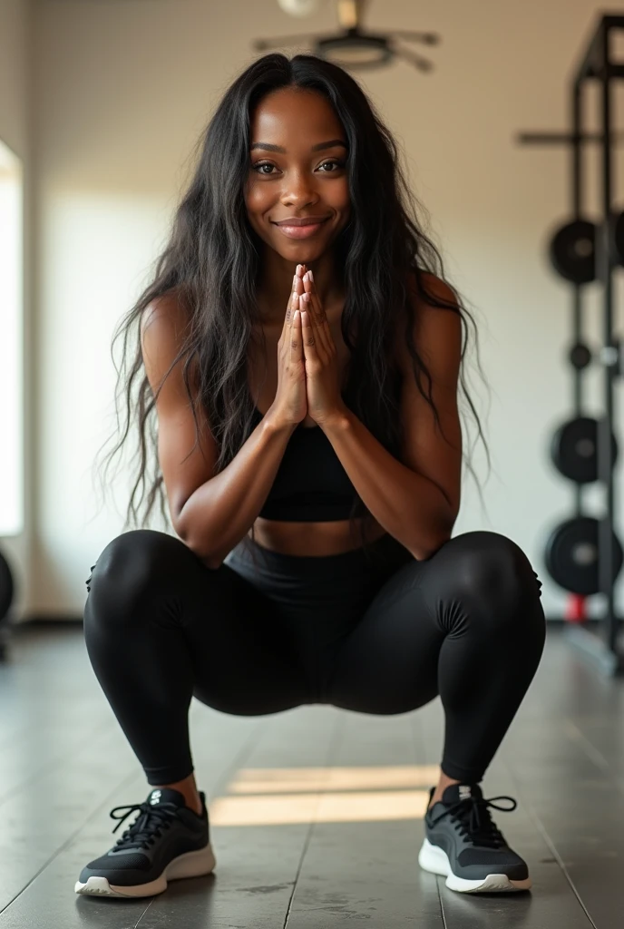 hyper realistic portrait of skai Jackson, 19 years old, with long flowing black hair and brown eyes. She should have a natural, approachable expression and be lit by soft, golden light, canon eos r5, raw format, background is a modern gym with modern white walls and detailed decorations , doing squats, full body, gymshark outfit, nike