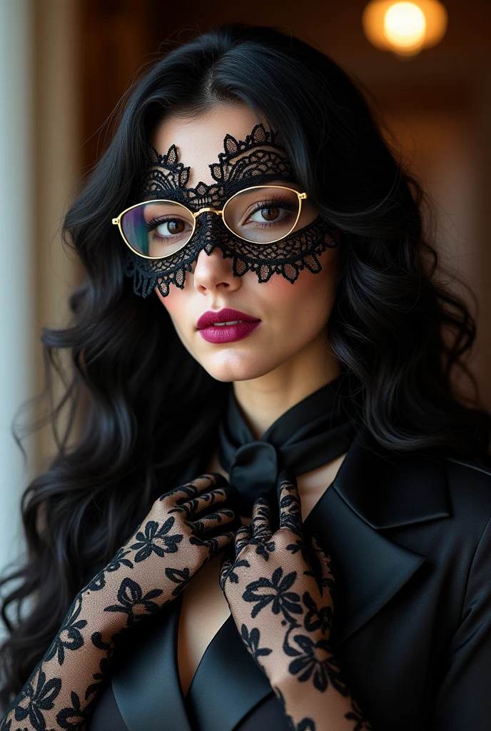 With long, curly black hair、Heavy makeup and purple eyeshadow、Around her neck she wears a ribbon-shaped satin black and gold patterned scarf.、Wearing gold-rimmed glasses、Wearing long gloves made of black floral lace、A Japanese woman in her 40s wearing a black striped suit、A lacy black face mask covers the nose, mouth and neck