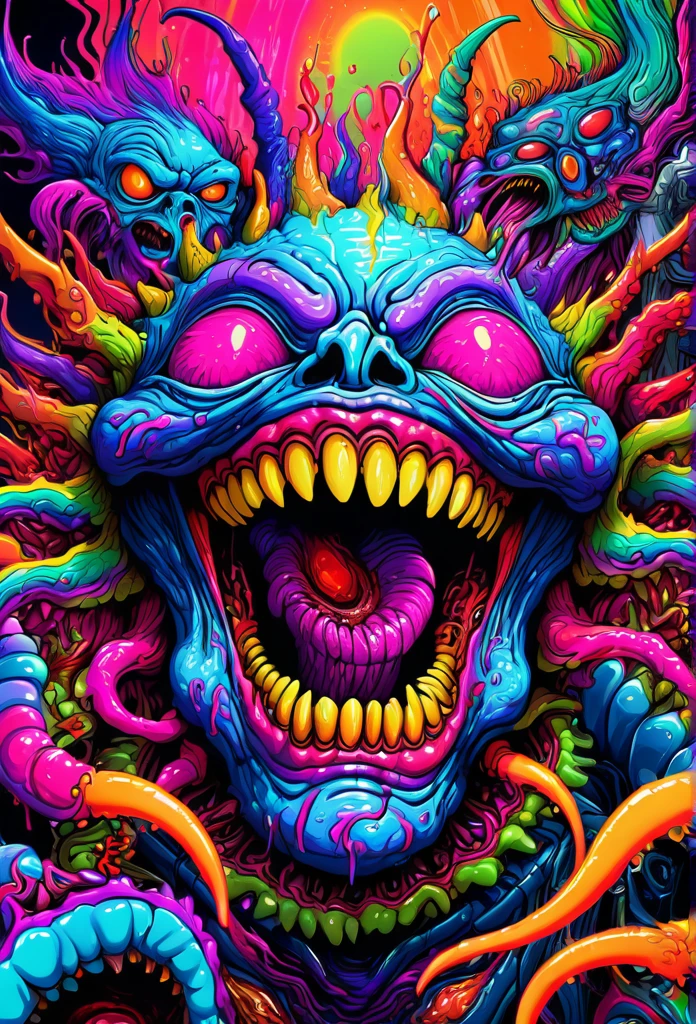 ((master psychedelic laughing monster 2D)), a surreal digital meme, psychedelic brain waves, neon information flow, cultural transmission of subconscious abstract patterns, glitch art cyberpunk cinematic lighting, hyper detailed 8k photorealistic volumetric ray traced studio lighting, vibrant psychedelic colors, viral social media cultural phenomenon vibrant colors, dramatic lighting, chiaroscuro, impasto, thick brushstrokes, moody atmosphere, ominous, surreal, nightmarish, twisted, grotesque, terrifying, unsettling blood, dark, carnage, guns, Color magic, vaporwave style)), Highly intricate technicolor, ultra detailed colorful art, very detailed and colorful, highly detailed bright colors, highly intricate and colorful, Colorful!! highly detailed, colorful hyper-detailed, full of colors and rich details, highly detailed colors, scary detailed art in colors, psychedelic art style, detailed digital illustration, 16k, 8k, 4k wallpaper uhd hdr.