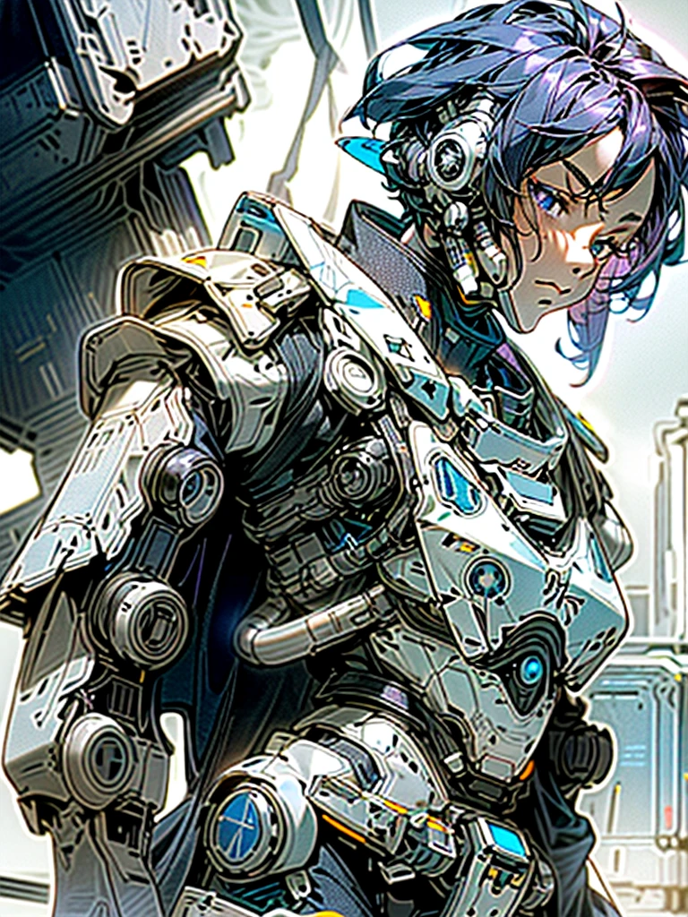 1 future technology,(Purple-black neatly short hair:1.1),Dark blue technical lenses,black reotard,(Wearing a white-themed sci-fi breastplate:1.5),Dilapidated city background,the night,Close up
