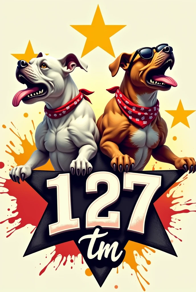 3d logo big star text "127 tm" 2 dogs ,1 white bull terrier  and  1 tan labrador mix jack russel terrier  standing roaring, wearing cool glasses, muscular, white legs, saliva melting on sharp teeth, wearing a red and white bandana on his head. The character is facing forward. In the lower left corner of the image, there is small writing below the text "127 tm" which is written in cursive letters and handwritten style. ink splash red and yellow star, plain retro big star yellow images background