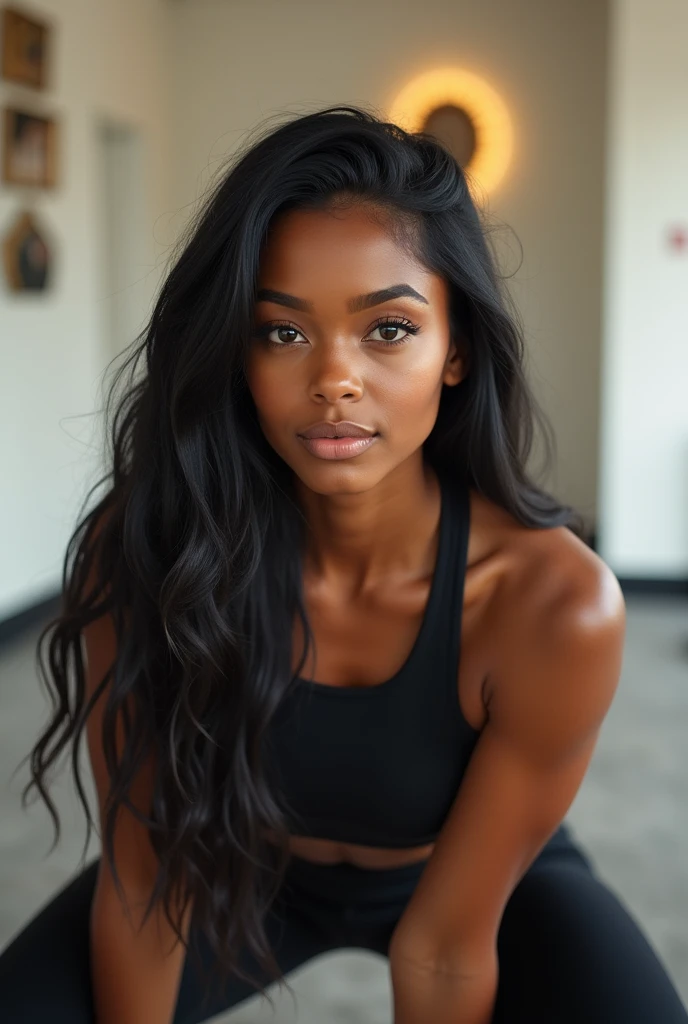 hyper realistic portrait of skai Jackson, 19 years old, with long flowing black hair and brown eyes. She should have a natural, approachable expression and be lit by soft, golden light, canon eos r5, raw format, background is a modern gym with modern white walls and detailed decorations , doing squats, full body, bike outfit