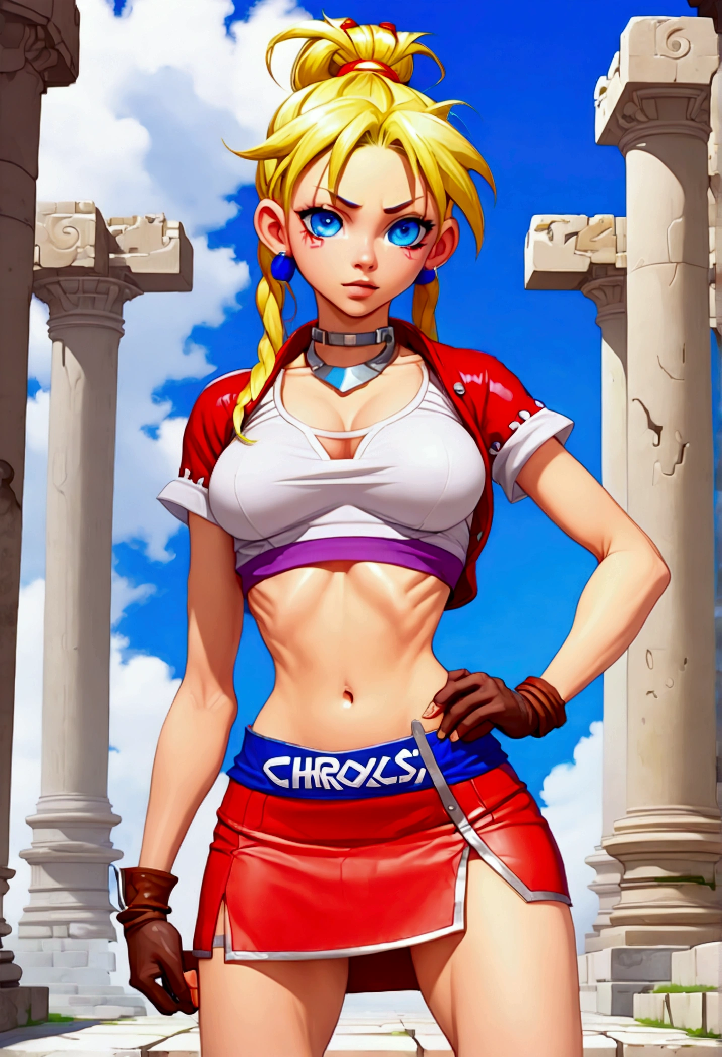 (promotional art), (Whole body view:1.6), (Kid from Chrono Cross), yellow hair in high ponytail braid, sapphire blue eyes, very slender toned frame, lanky thin build, medium-large bust, (very pale white skin:1.3), fierce expression, BREAK: (red skin tight booty skirt), (high front slit micro skirt:1.4), (3/4 cropped RED short-sleeved jacket:1.2), white crop top under jacket, (shirt clinging to nipples:1.4), BREAK: (hands behind head pose:1.25), ancient technological ruins background 