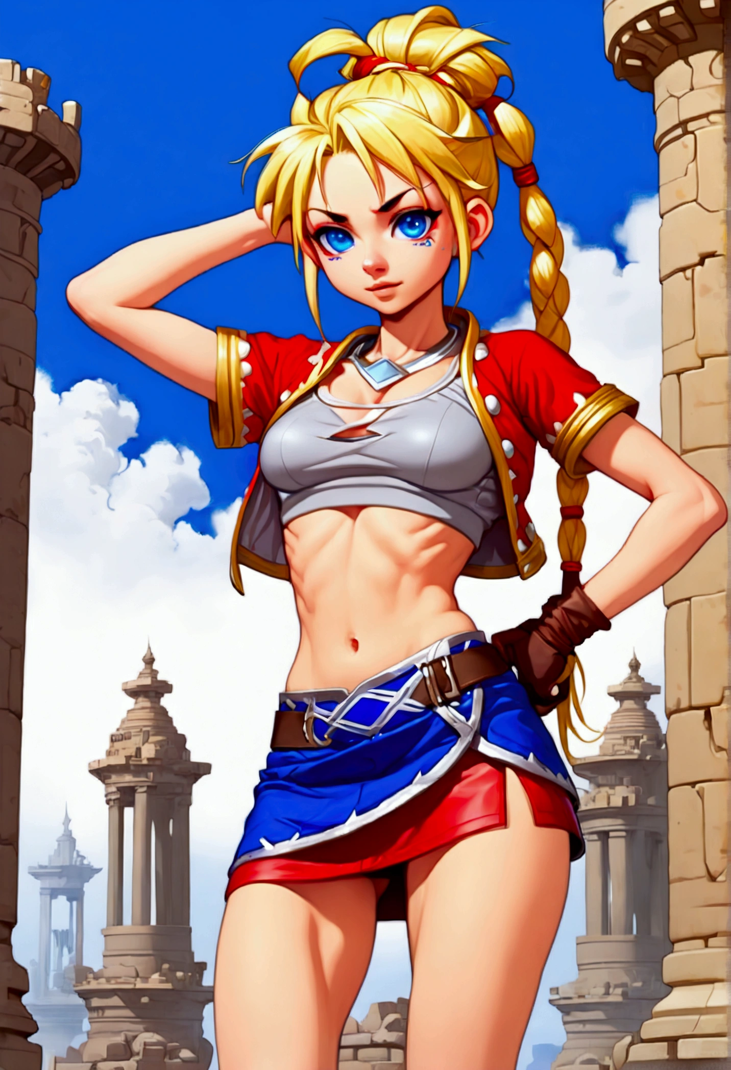 (promotional art), (Whole body view:1.6), (Kid from Chrono Cross), yellow hair in high ponytail braid, sapphire blue eyes, very slender toned frame, lanky thin build, medium-large bust, (very pale white skin:1.3), fierce expression, BREAK: (red skin tight booty skirt), (high front slit micro skirt:1.4), (3/4 cropped RED short-sleeved jacket:1.2), white crop top under jacket, (shirt clinging to nipples:1.4), BREAK: (hands behind head pose:1.25), ancient technological ruins background 