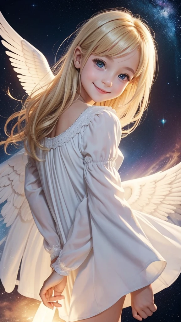 The body is facing straight ahead towards the camera., looking at viewer, from above:1.2, little toddler angel, smile, big eyes, blonde, Neat and loose dress with sleeves, A dazzling light from behind, Angel wings on the back, Glowing space background, Prayer-like pose, Super realistic