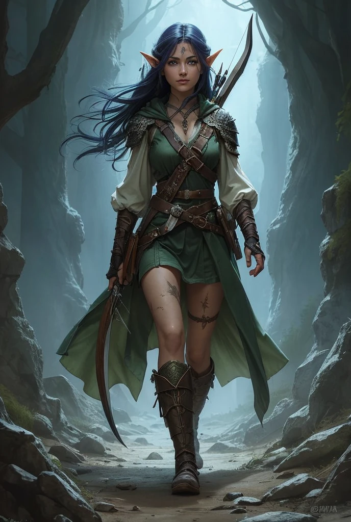 A beautiful young elven female ranger from dungeons and dragons, she has white hair and purple eyes. She carries a longbow and arrows, has three daggers, one in her waist, one in her thigh and one in her boot, has a super light armor. He has white skin with visible scars on his body. more clothed