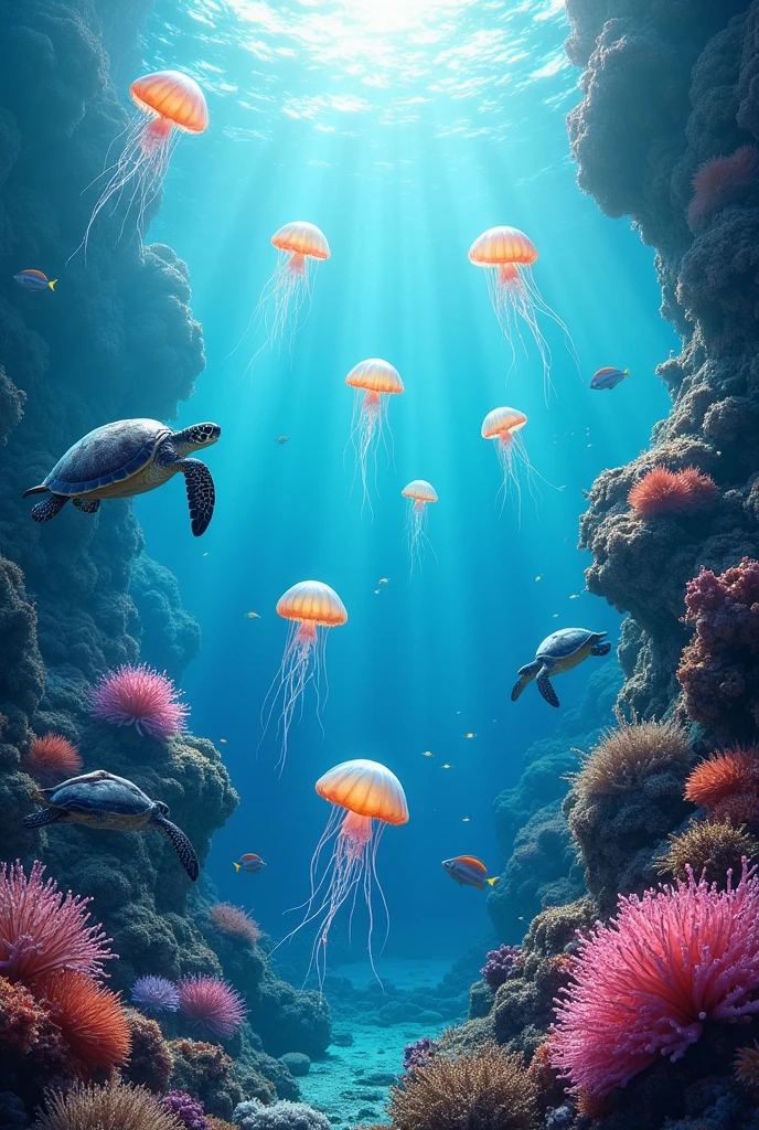 Beautiful sea with beautiful jellyfish and sea turtles and corals.