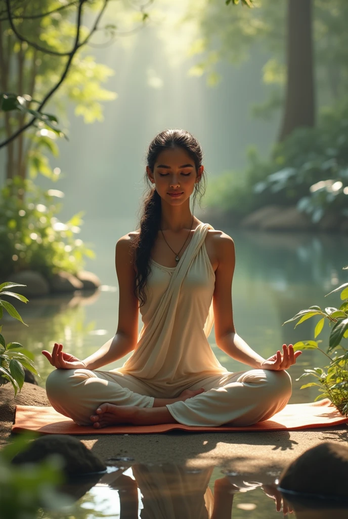 An Indian girl doing asanas, pranayama and yoga