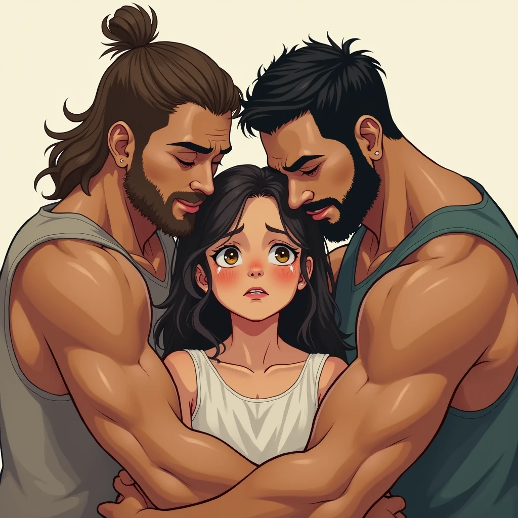 A girl is crying and there are 4 muscular men around her comforting her, illustration style