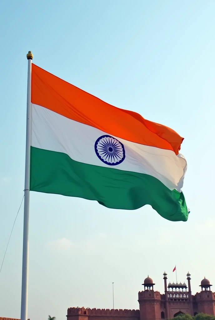 Proud India Flag in the center, light blue sky with minimal clouds and red fort in the background. 