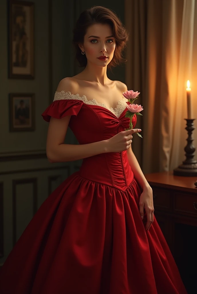 beautiful woman wearing red victorian dress standing holding a flower illuminated by candlelight