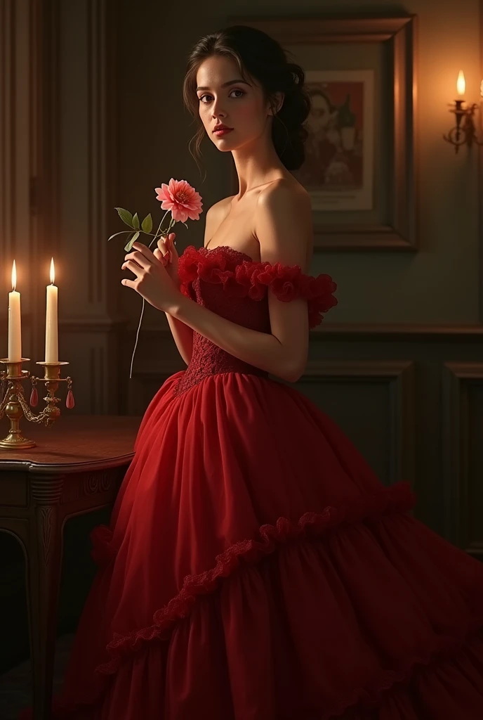 beautiful woman wearing red victorian dress standing holding a flower illuminated by candlelight