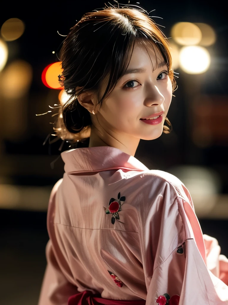 (masterpiece, Highest quality:1.4), Beautiful Face, 8k, 85mm, Floral Yukata:1.4), Beautiful woman looking back、Hair Mask、Delicate, alone, night, View your viewers, Upper Body, Film Grain, chromatic aberration, Sharp focus, Face Light, Professional Lighting, Sophisticated, (smile:0.4), ( background, bokeh background:1.2), Detailed aspect