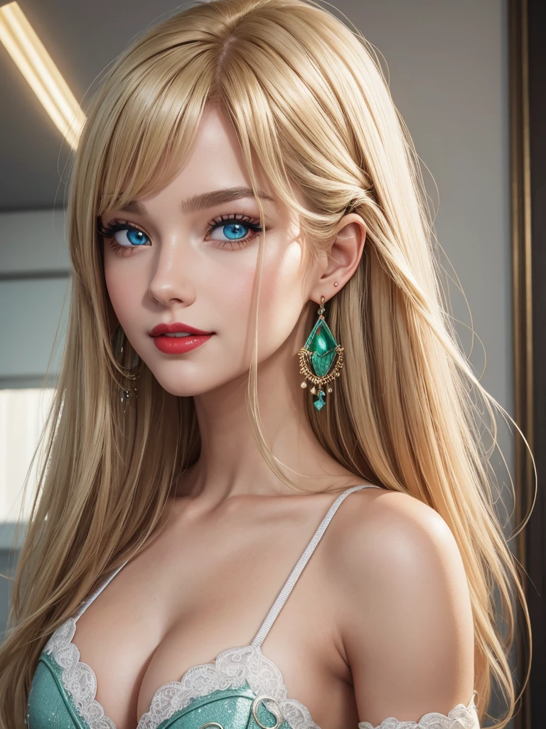 1girl, Solo, Anatomically Correct, Masterpiece, High Resolution, Award Winning, Best Quality, High Details, High Quality, Super Detailed, Textured Skin, Long Hair, Blonde Hair, Shiny Hair, Swept Bangs, Large , Large ass, AbMuscular, Tall, Crescent Earrings, Smile, Blue eyes, Makeup, Heterochromia, Blush, Licking Lips, Red Lips, Sparkling Eyes, Raised Eyebrow, Green eyes