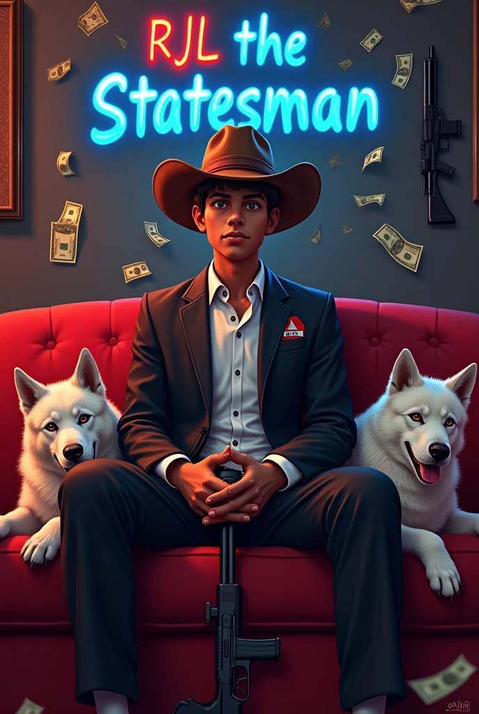 20 year old boy, brownish skin, sitting on the red couch, wearing black suites with white button shirt and black slatter, brownish black cowboy cap
Write RJL the Statesman on the wall above his cap in blue red color and also on his suits pocket, surrounded by all guns with 2white k9 dogs, light color of the room is red and blue, room flow with money