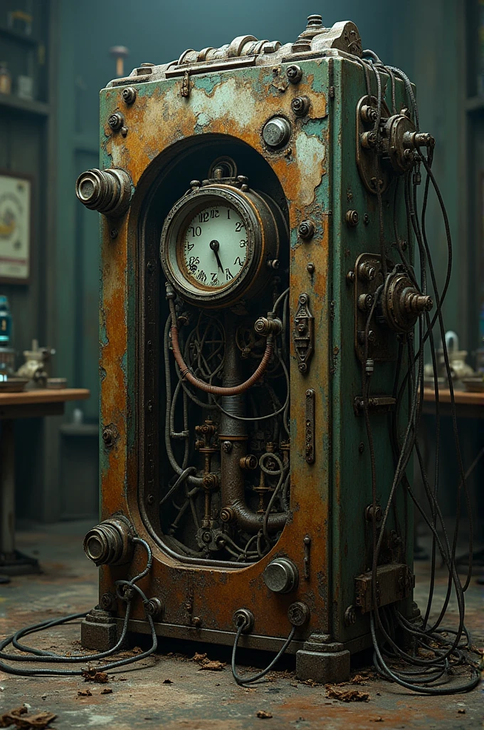 Broken time machine with wires coming out, with lever and button