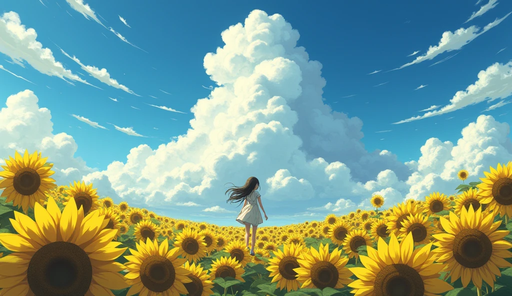 masterpiece, Ghibli style, Girl, cumulonimbus, Sunflower field, Highest quality, 8k wallpaper, Very detailed