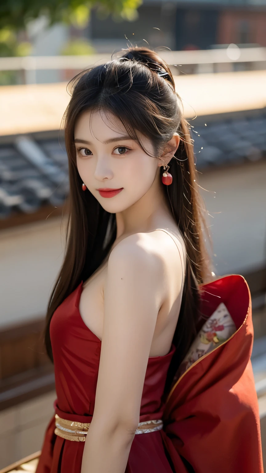 Best quality， Ultra-high resolution， Face Focus（truly：1.6），1 Girl, Beautiful Girl，，Chinese Girl, Elegant girl，Classical girl，Black hair,Hairstyle，（Medium breasts:1.4), Hanfu，魏晋Hanfu:1.1, Red clothes，Loose，panoramic，whole body，Rooftop（Depth of Field：16）,Hair forks，Hairpin，earrings，Rooftop,Red sunset,Ultra-thin face，Exquisite eyes，Double eyelids，Smile，whole body，Standing，Long legs，Elegant Movement，For the audience