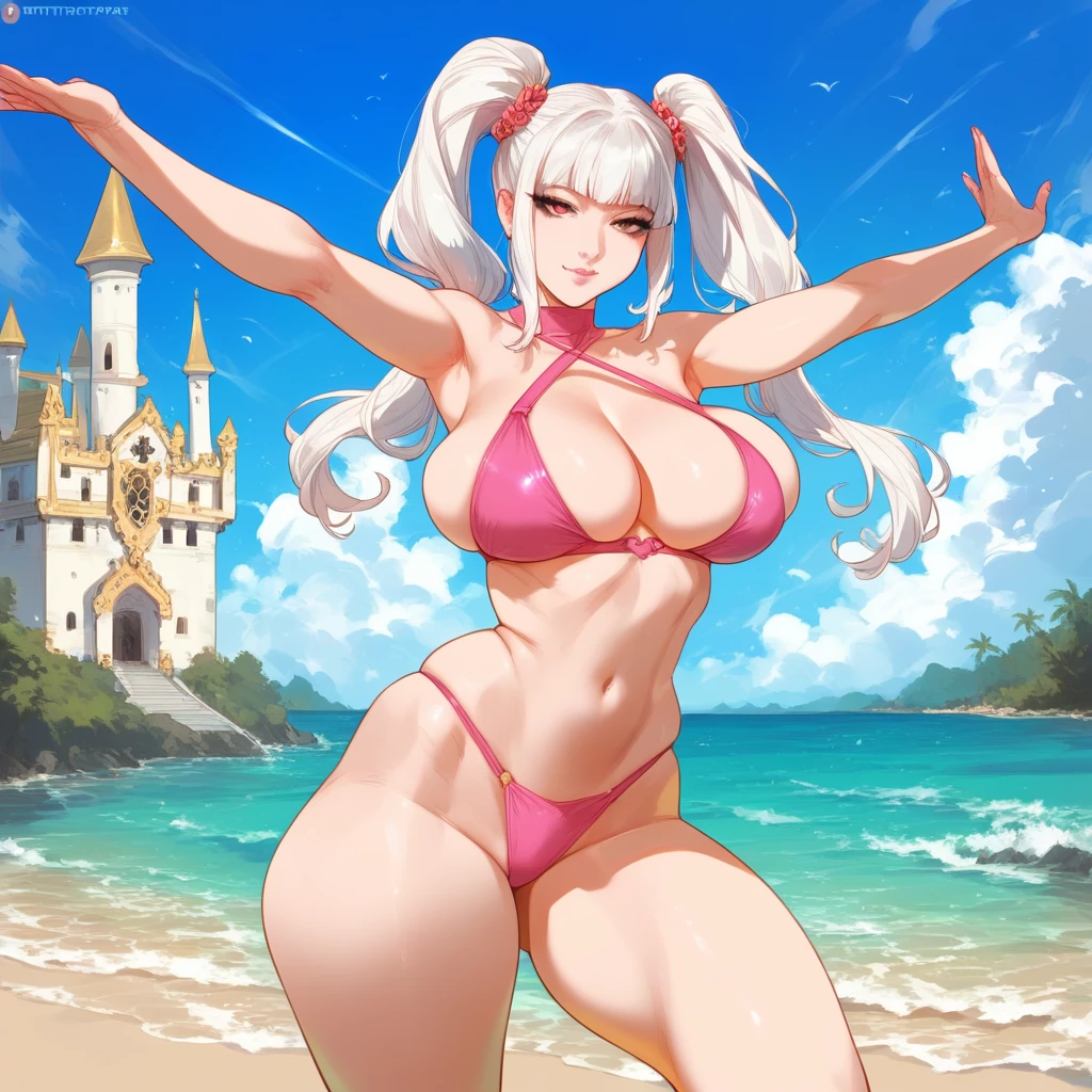 mixed_artstyle, 1 girl, Alone, hands, Asian, Pink bikini, ptinta eyes, white hair ptinta locks, twin tails, realistic, textures, 8K, perfect hand, perfect anatomy, visible curves, Big Breasts, beach, Standing pose,, ,castle