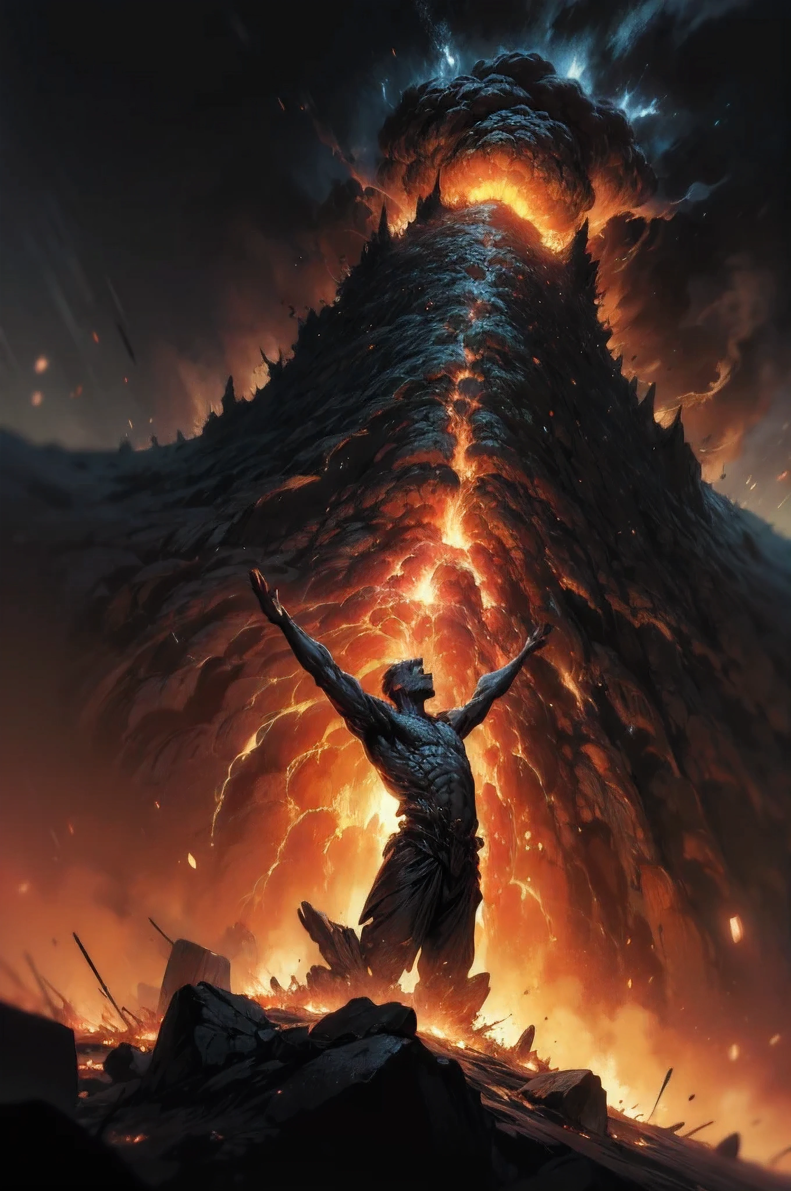 By zdzisław beksiński art style:1.8), Inspired by zdzisław beksiński's aesthetic, Create a breathtakingly surreal science fiction illustration of a man A man raising his arms to make a volcano erupt, elicted from the darkest storm, fire, flames, detailed background, dark fantasy, detailed, masterpiece, HD,