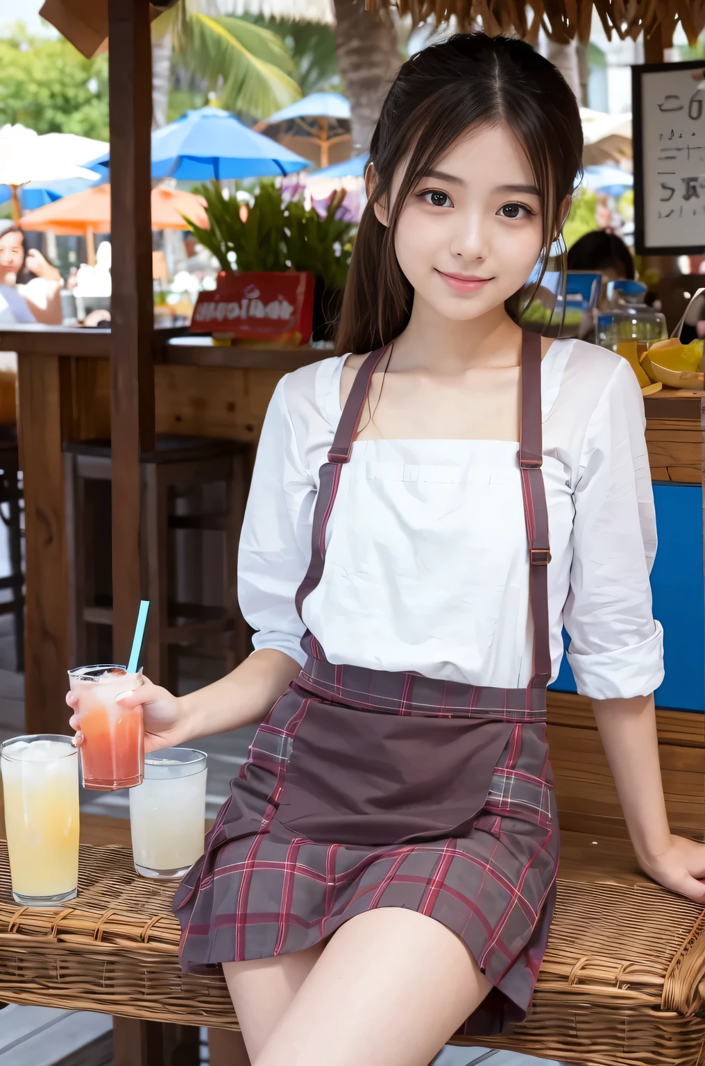21 years old girl (Japanese cute face) is wearing apron, mini skirt and has fluits drink at the beach bar