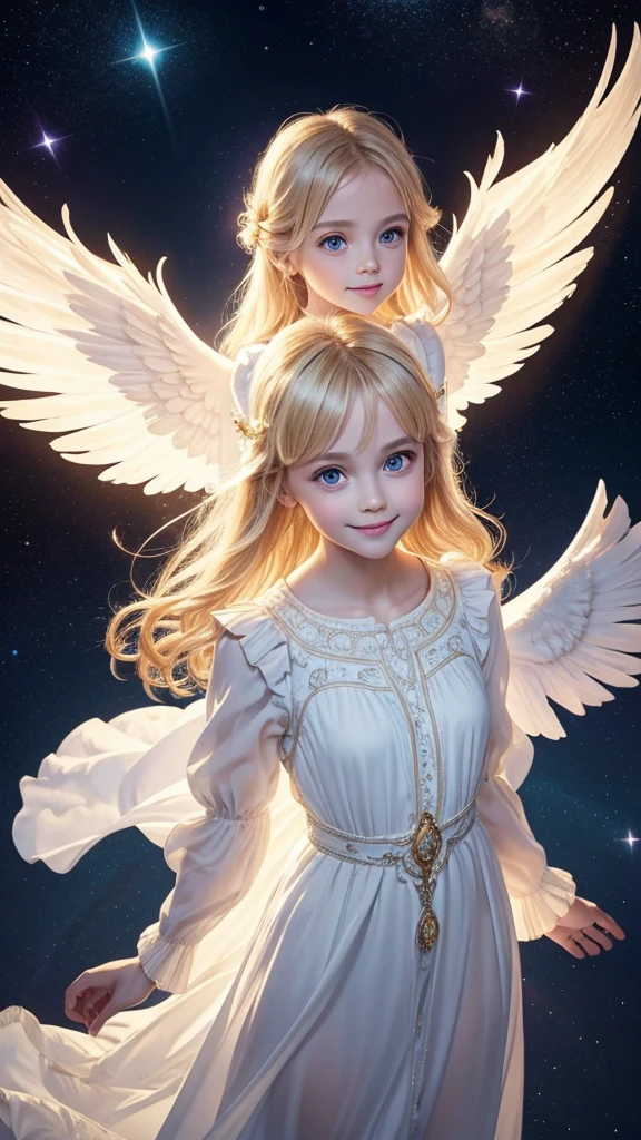 The body is facing straight ahead towards the camera., looking at viewer, from above:1.2, little toddler angel, smile, big eyes, blonde, Neat and loose dress with sleeves, A dazzling light from behind, Angel wings on the back, Glowing space background, Prayer-like pose, Super realistic