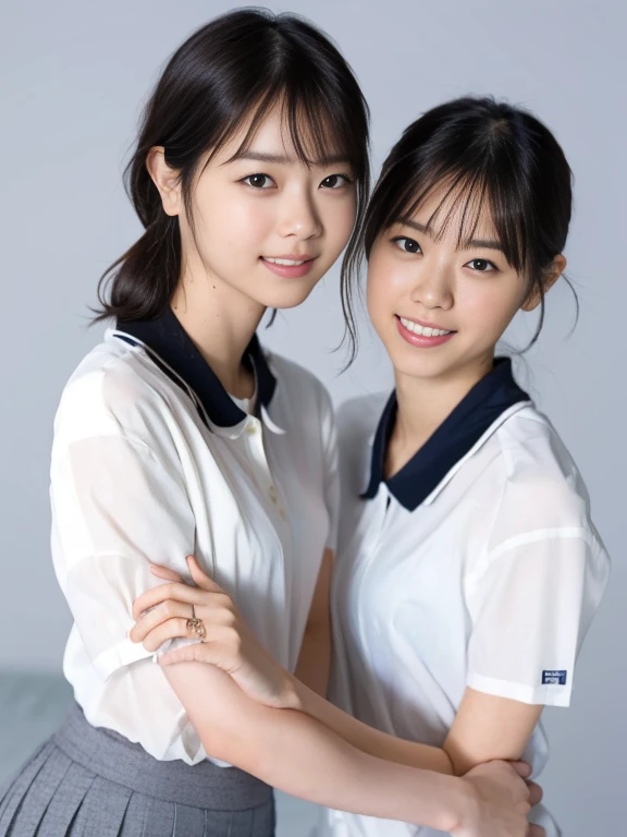(Masterpiece, Best quality:1.3), (Ultra realistic, Photo-realistic:1.2), From above, Natural light, 28 years old actress, Japanese 2 women, Neat and clean, (White tennis uniform, White short-sleeve polo shirt with darknavy line collar:1.1), (unbutton:1.3), (White pleated skirt:1.1), white sock, (short wavy hair:1.3), ponytail, (Beautiful face), Oval face, clear, Beautiful eyes, Kind eyes, Clear skin, Small face, Beautiful mouth, Small mouth, Natural makeup, Approachable, (nsfw:1.1), Seductive smile, (Seductive pose:1.2), (Beautiful thighs:1.1), (Bedroom eyes:1.1), Embarrassed, Blush, Luxury hotel Suite room, On bed, Hidden camera installed in suite room captures obscene reality of school girls , (lesbian couple , petting together:1.1), grabbing crotch, lesbian sex, 2girls erotic kiss,
