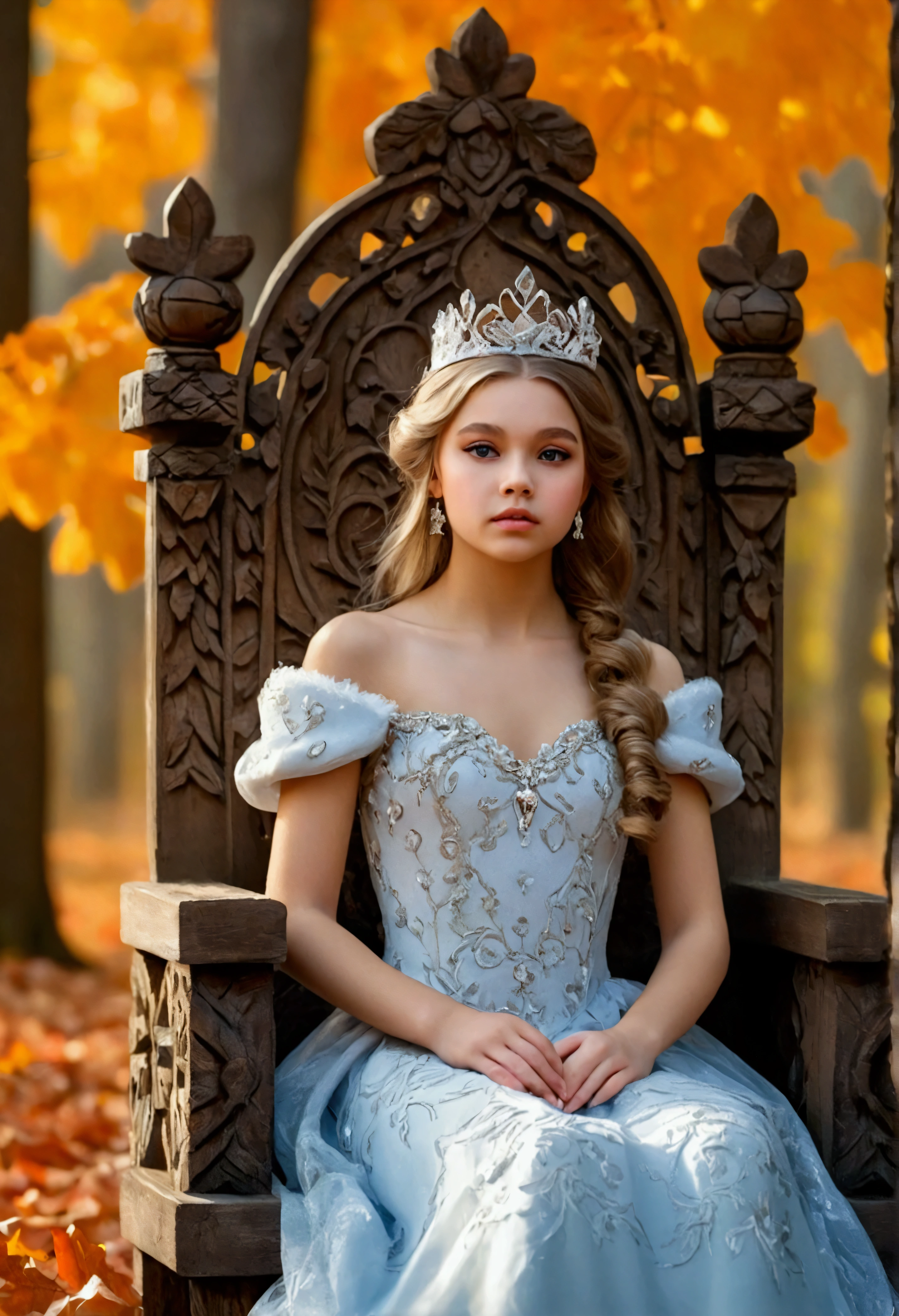 a young girl dressed as a princess, delicate makeup, hairstyle decorations,sits on a throne made of carved oak, Full-length, high resolution. Against the background of an autumn forest, soft lighting, in the distance - a flock of birds, a deep perspective