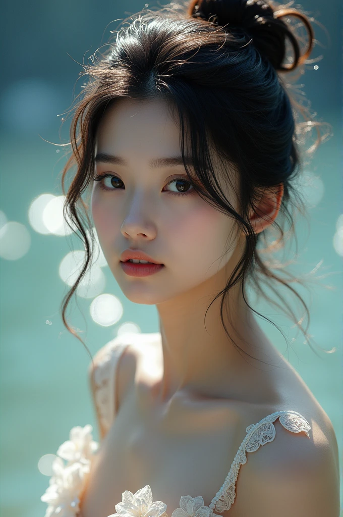 (Realistic) Insanely beautiful asian lady with messy bun hairstyle, so beautiful that her beauty transcends heaven , blue eyes so beautiful looks like stars in night sky , cute and attractive facial expressions, incredibly soft skin like an angel , natural skin color, natural breasts, godly perfect body (highly detailed) , cinematic lightings , wearing a simple yet angelic dress (highly detailed) , incredibly soft and alluring lips , full body image highly detailed from top to bottom