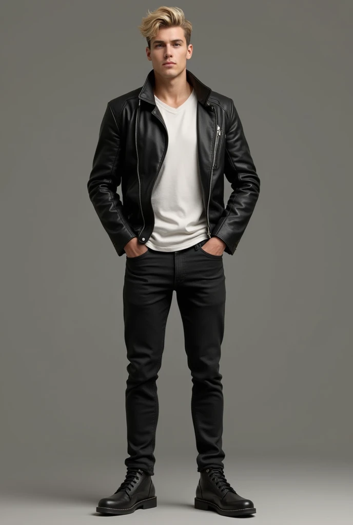 More normal looking boy, This one is wearing black jeans, white shirt and black leather jacket so I don&#39;t see any tattoos, Her hair is dark blonde and compared to the previous two, He uses it more normally but always adapting to fashion, His eyes are dark in color, His muscular body which I noticed despite the clothes and tall stature
