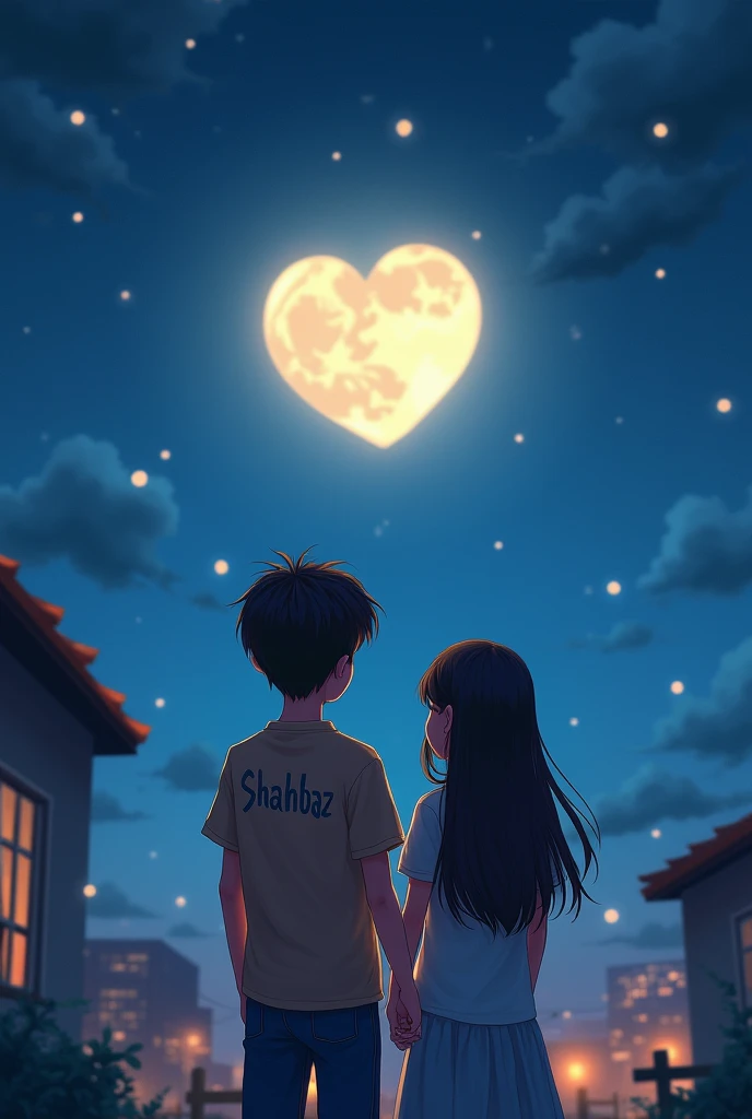 A boy with his name Shahbaz written on his back and a girl with her name Nazia written on her back, talking about love in the moonlight at night on the roof of the house Both their faces should be towards the moon and on their backs, Naziya should be written on the girl's back and Shahbaz should be written on the boy's back and have a heart above their head 