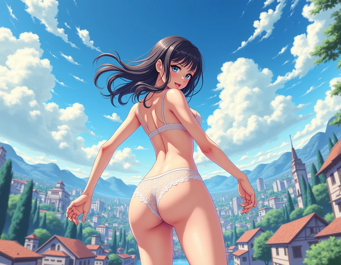 A wide screen allows you to see the panties of a beautiful girl in a manga style