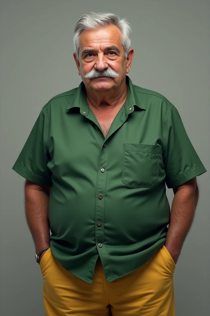 70 years old Turkish man with little moustache, wearing a green shirt, yellow trousers, overweight, short hair